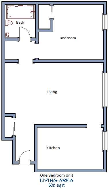 Floor plan for 1 bed, 1 bath, 522 sqft